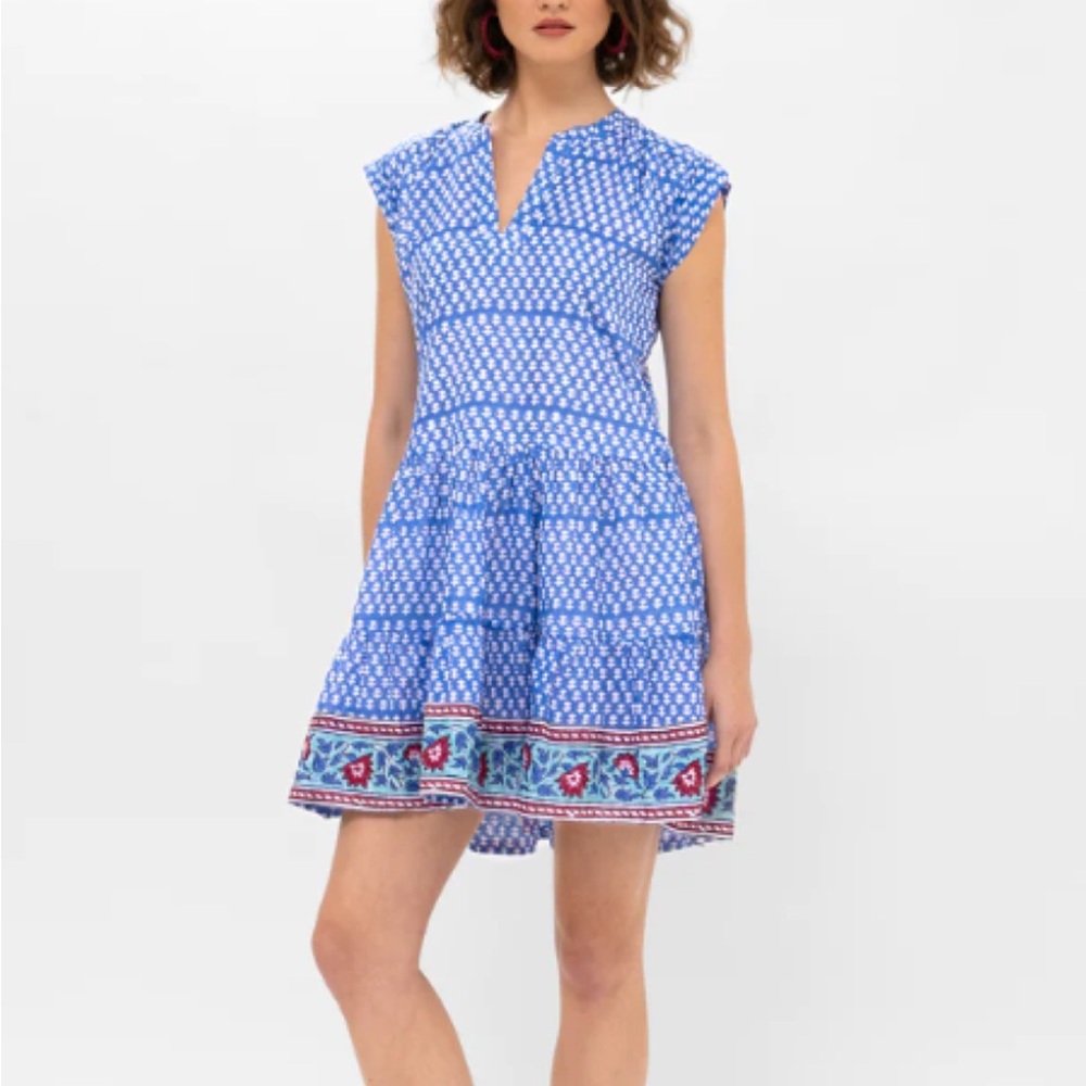 Oliphant Roll Sleeve Tiered Dress Wicklow Blue White Floral Size Large